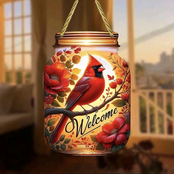 2D Mason Jar "Welcome" Cardinal Suncatchers 6.5" x 5" - Picture 4 of 7